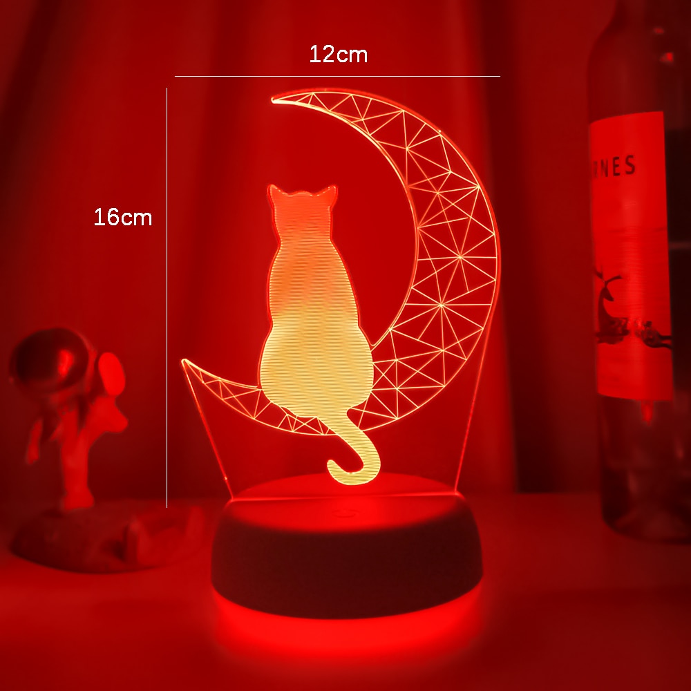 Luminária de Acrílico 3D Gato na Lua