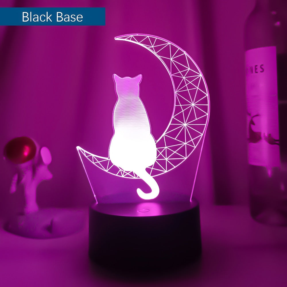 Luminária de Acrílico 3D Gato na Lua